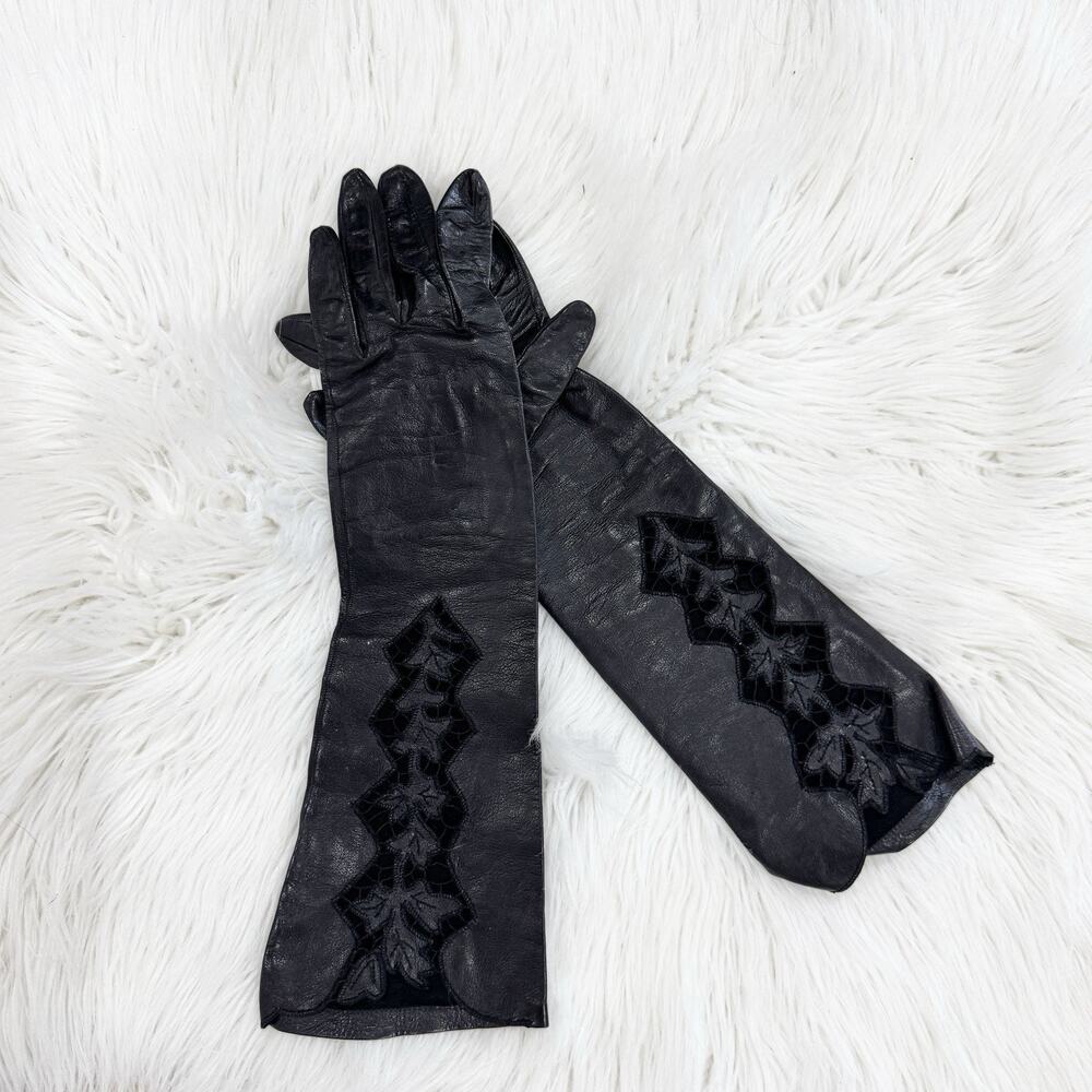 Vintage Genuine Leather Black Ladies Long Gloves With Lace Detail Costume Cospla